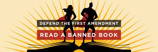 Read a Banned Book Banner with male and female superheroes